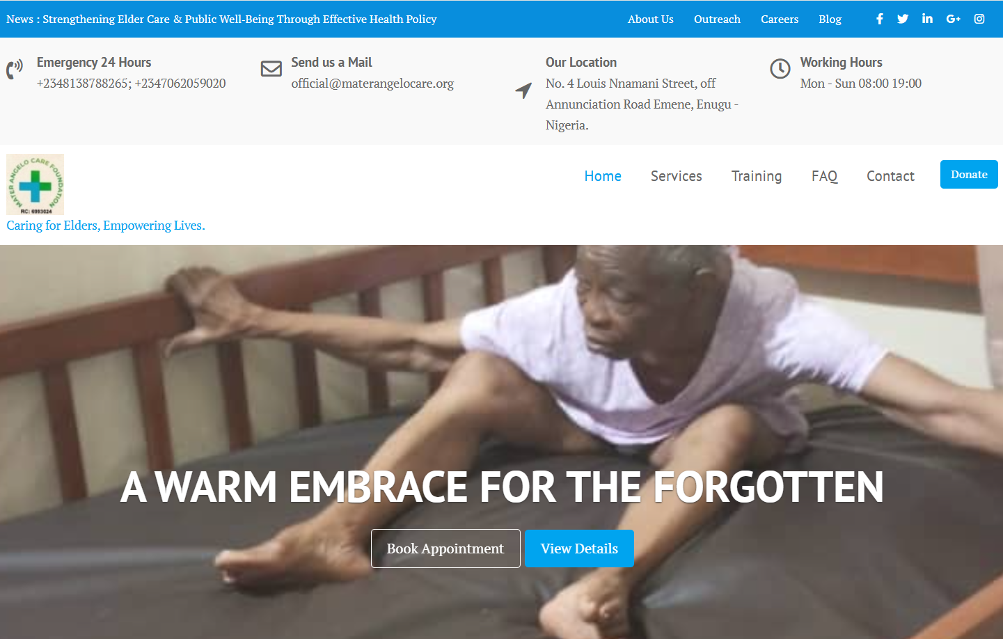 A screenshot of the Mater Angelo Care Foundation website homepage.