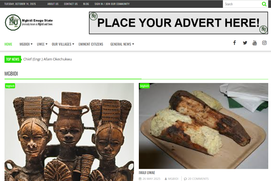 A screenshot of the Mgbidi Enugu Community Hub website, showcasing its vibrant design and cultural elements.